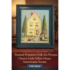 Vintage 1992 Sandy Signed Framed Primitive Folk Art Yellow House Americana Scene